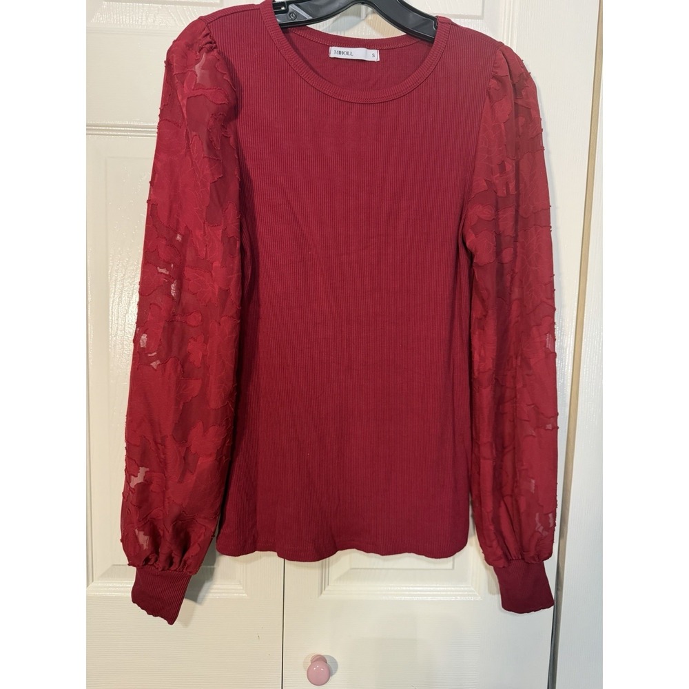 Miholl Women's Red Top Sheer Lace Long Sleeves Size Small